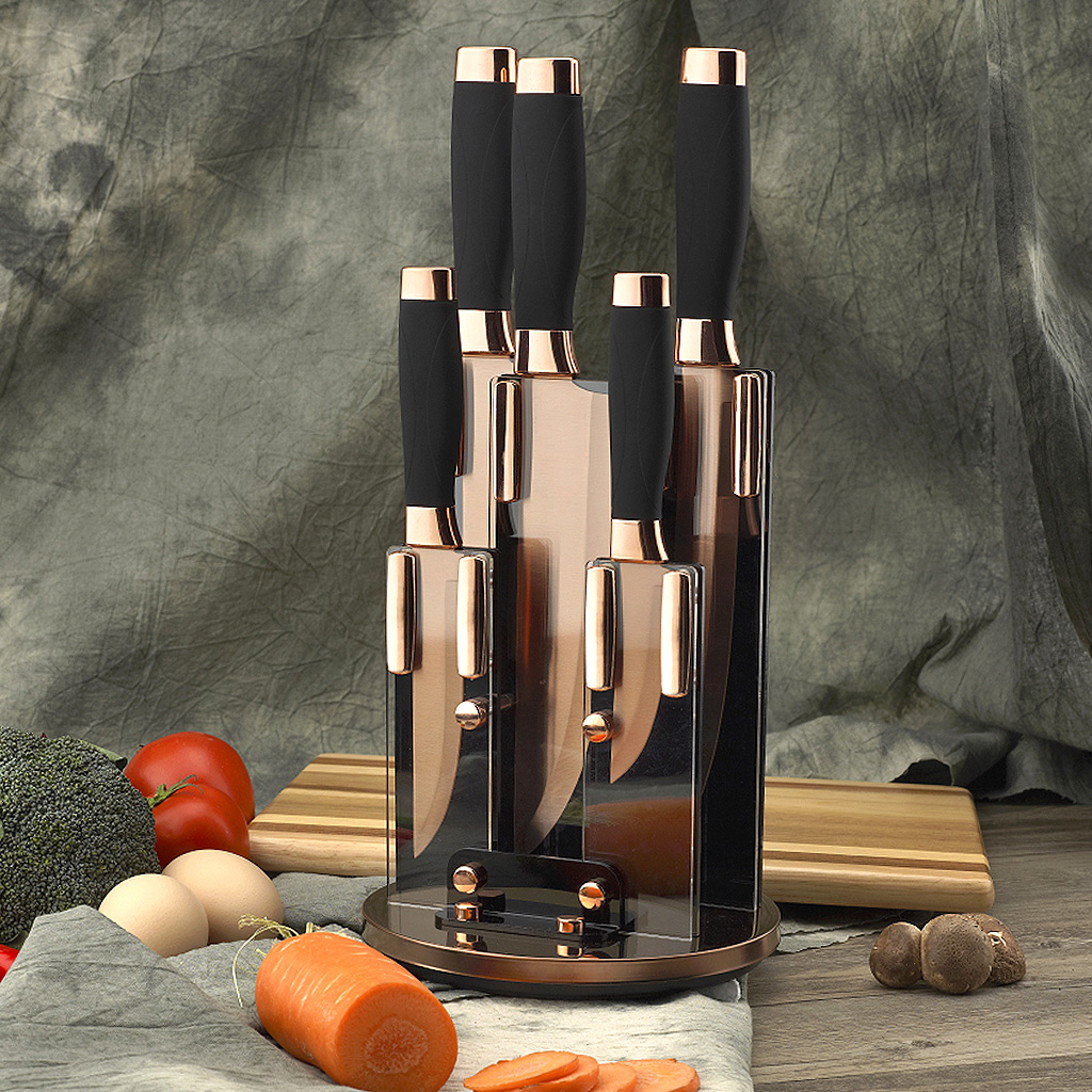 Yipfung 6 Piece Knife Set | 5 Beautiful Rose Gold Knives with Knife Block | Sharp Kitchen Knife Sets | Multiple Size, All Purpose Kitchen Knives | 8” Chef, Bread, & Carving Knife | Utility & Paring Knife