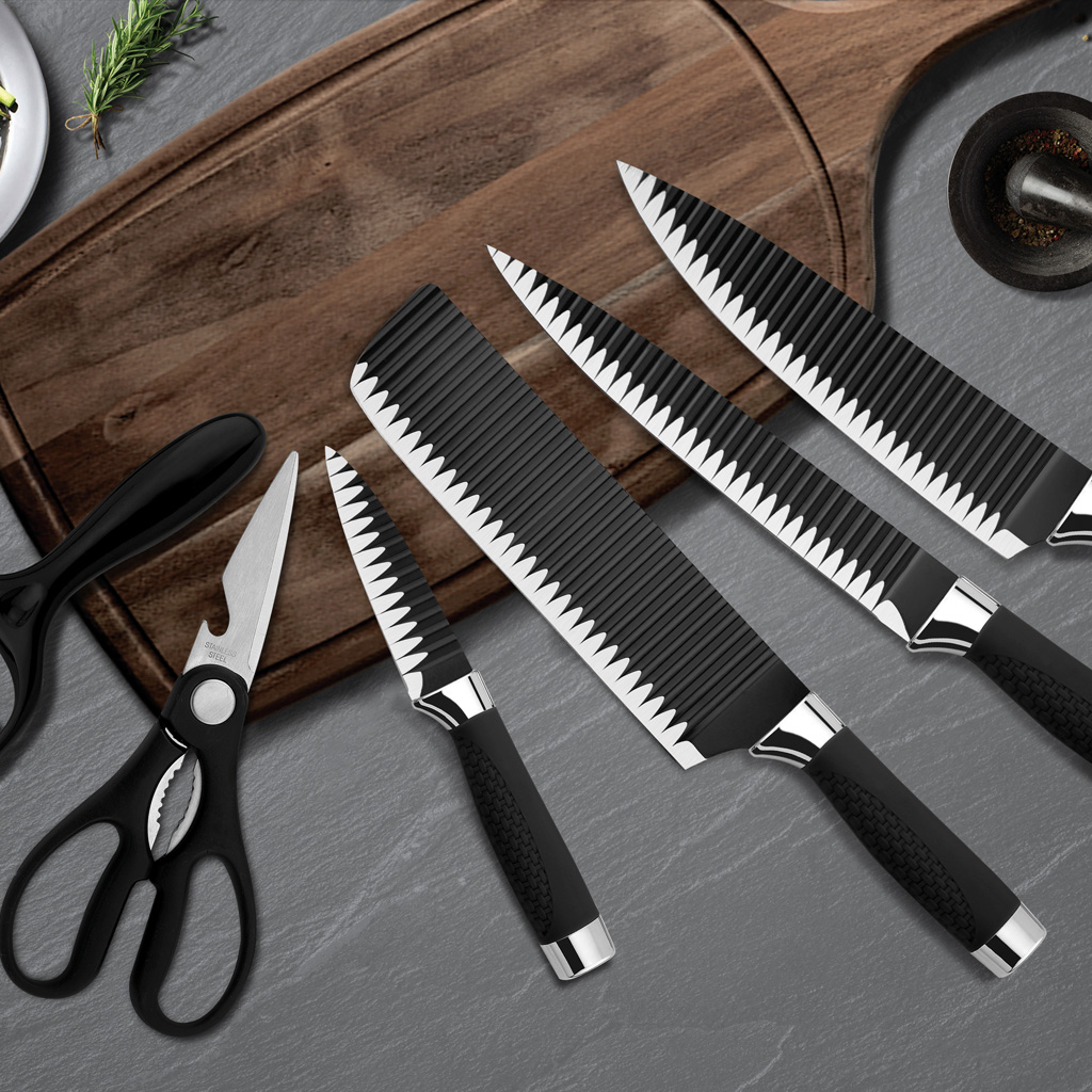 Yipfung 6 Pcs Black Kitchen Knife Set, Stylish, Sleek, Modern and Asian Décor, Stainless Steel Cutlery with Kitchen Scissors, Ceramic Peeler and 4 Heavy Duty Knives, Chef Gift in Decorative Box
